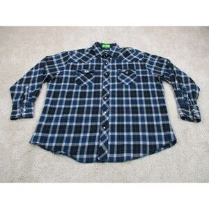 VINTAGE Wrangler Shirt Mens 2XL XXL Blue White Flannel Plaid Western Pearl Snap